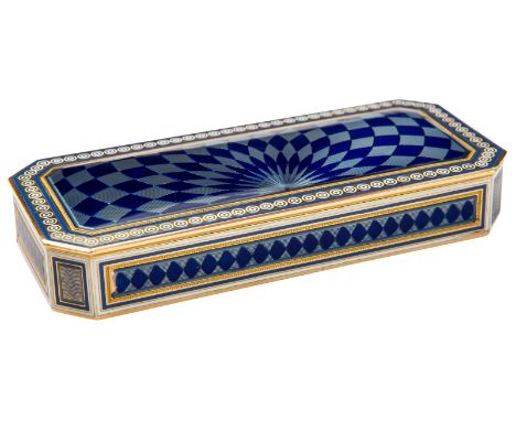 A CONTINENTAL GOLD AND ENAMEL SNUFF BOX, 19TH CENTURYof narrow rectangular form with canted corners, the top and bottom panel