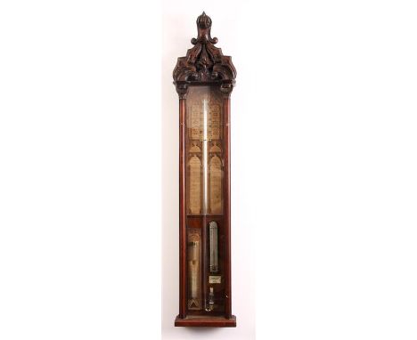 A 19TH CENTURY WALNUT ADMIRAL FITZROYʼS BAROMETER with printed paper dials and forecasting charts, thermometer tube and storm