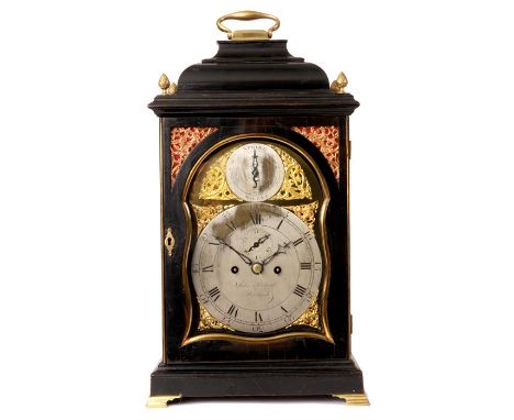 JOHN PERCIVAL, WOOLWICH A GEORGE III EBONISED BRACKET CLOCK the bell top case with folding brass handle and gilt brass sound 