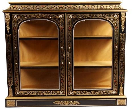 AN UNUSUAL MID 19th CENTURY EBONISED CONTRA BOULLE AND COLOURED ENAMEL INLAID DISPLAY CABINET with concave shaped top above t