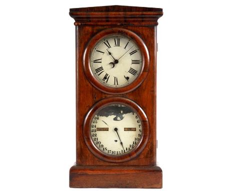 A LATE 19TH CENTURY AMERICAN ROSEWOOD CALENDAR CLOCK with architectural pediment above opening front door enclosing two 8” pa