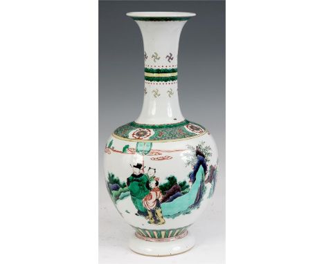 A 19TH CENTURY CHINESE FAMILLE VERTE LARGE BALUSTER VASE WITH SLENDER FLARED NECK painted in bold enamel colours with a conti