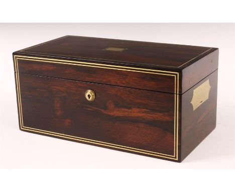 A REGENCY BRASS INLAID ROSEWOOD TEA CADDY the hinged lid with fitted interior of two compartments and a central glass-cut mix