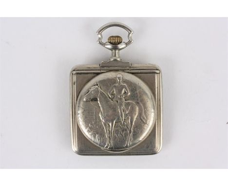AN ART DECO SQUARE NICKLE PLATED GENTLEMAN’S POCKET WATCH the flattened case with gilt Arabic dial and seconds ring fronting 