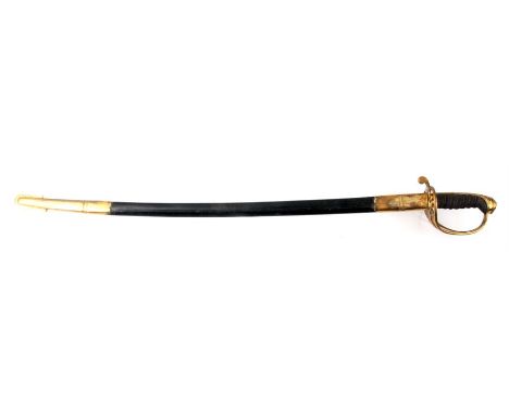 A VICTORIAN INFANTRY OFFICERS SWORD having brass and fish skin grip with brass guard, polished steel blade with etched decora