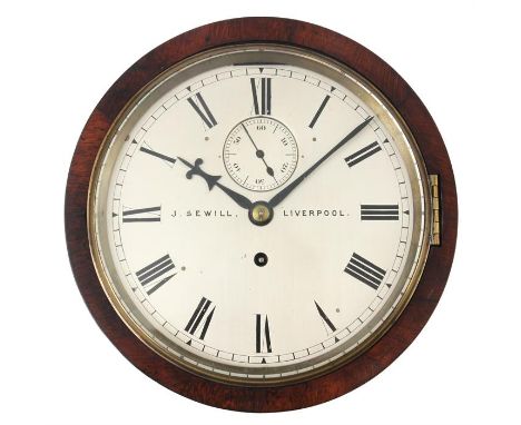 J SEWILL, LIVERPOOL A MID 19th CENTURY CIRCULAR ROSEWOOD CASED CAPTAINS SHIP CLOCK with cast brass bezel and silvered 8” dial