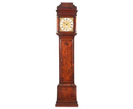 BENJ: GRAY & JUST: VULLIAMY LONDON A GEORGE II FIGURED WALNUT 8-DAY LONGCASE CLOCK the 12" square brass dial with mask and sc