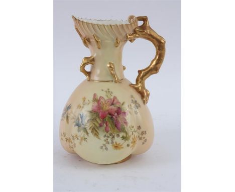 A ROYAL WORCESTER BLUSHED IVORY LOBED BULBOUS AND GILT CORAL HANDLED JUG painted colourful sprays of summer flowers 21.5cm hi