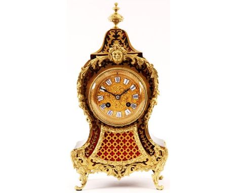 A LATE 19TH CENTURY FRENCH ROCOCO EBONIZED AND ORNATE CAST GILT BRASS MOUNTED BOULLÉ MANTEL CLOCK with embossed gilt dial and