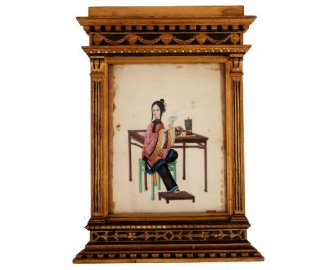 A LATE 19th CENTURY CHINESE PAINTING on rice paper of a young lady sat beside a table in Italian style architectural guilt an