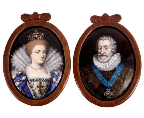A FINE PAIR OF LARGE 18TH CENTURY OVAL LIMOGES TYPE ENAMEL PORTRAITS OF ROYALTY with brightly coloured enamels mounted in lat