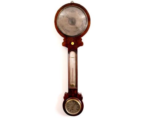 AN UNUSUAL MID 19th CENTURY MAHOGANY  UPSIDE DOWN WHEEL BAROMETER WITH CLOCK SIGNED NEGRETTI & ZAMBRA, LONDON the 10” silvere