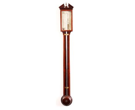 PAULO COSTA LONDONA GEORGE III CHEQUER BAND STRUNG FIGURED MAHOGANY STICK BAROMETER/THERMOMETER with engraved calibrated silv