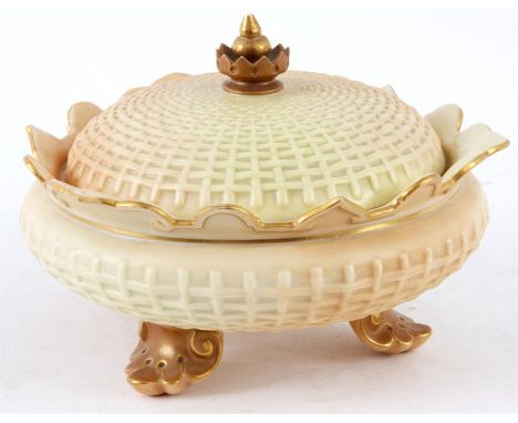 A ROYAL WORCESTER GILT EDGED BASKET WEAVE SHALLOW BOWL AND COVER with leaf work border and feet 18.5cm diameter circa 1890 an
