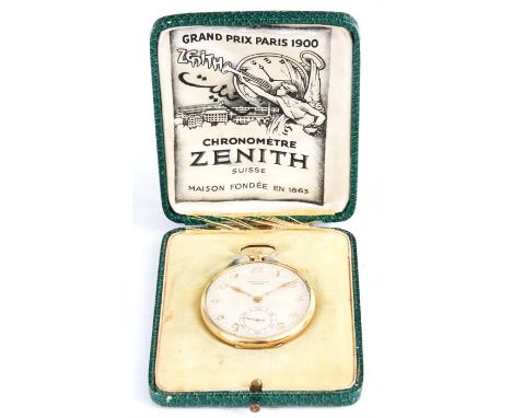 A 18ct GOLD 1920’s SLIMLINE ZENITH CHRONOMETER POCKET WATCH with champagne Arabic dial and subsidiary seconds fronting a manu