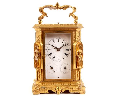 AN IMPRESSIVE MID 19TH CENTURY SWISS GILT BRASS GRAND SONNERIE CARRIAGE CLOCK WITH ALARM AND DATE DIALS the finely cast case 
