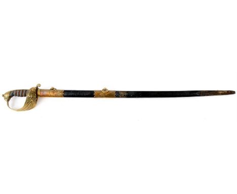 A VICTORIAN BRITISH NAVAL OFFICERS SWORD having lion head and shagreen grip to folding hand guard, polished steel blade with 