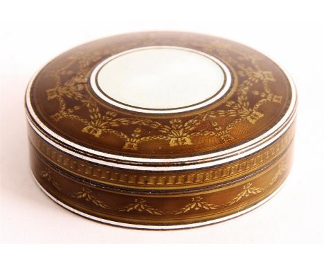 A LATE 19TH CENTURY .935 HALLMARKED SILVER AND DARK GREEN ENAMEL CONTINENTAL CIRCULAR SILVER CASE the top with a pearlized ce