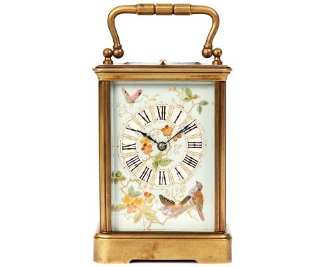 A DECORATIVE LATE 19TH CENTURY FRENCH BRASS AND PORCELAIN PANELLED CARRIAGE CLOCK REPEATER. The corniche case set with pale b