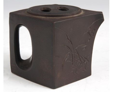 A 19TH CENTURY CHINESE SMALL CUBE TEAPOT with recessed handle slot and pierced cover, inscribed with cyphers and a panel of g