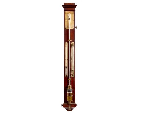 C & S à MAESTRICHT, 1829 A RARE EARLY 19TH CENTURY DUTCH MAHOGANY STICK BAROMETER of unusual design with moulded cornice abov