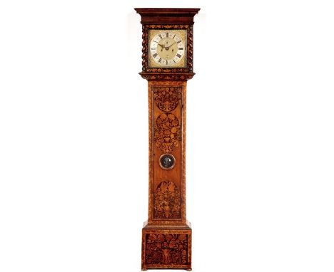 WILLIAM GRIMES, HATTON GARDEN, LONDON FECIT A WILLIAM AND MARY WALNUT AND FLORAL MARQUETRY PANELLED EIGHT-DAY LONGCASE CLOCK 