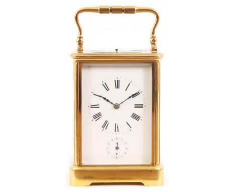 A LATE 19TH CENTURY LACQUERED BRASS FRENCH GRAND SONNERIE CARRIAGE CLOCK REPEATER WITH ALARM the corniche case with white ena