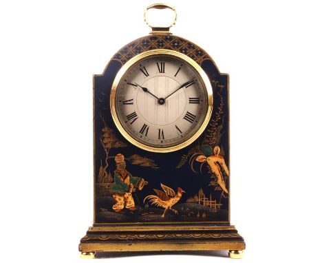 A LATE 19TH CENTURY FRENCH DARK BLUE LACQUERED CHINOISERIE DECORATED MANTEL CLOCK the arched top case above a silvered dial w