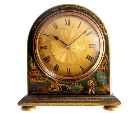A LATE 19TH CENTURY FRENCH DARK GREEN LACQUERED CHINOISERIE DECORATED ARCH-TOP MANTEL CLOCK with gilt dial, Roman chapter rin