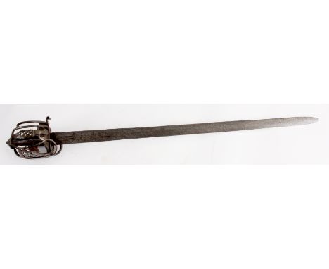 AN EARLY 18TH CENTURY SCOTTISH BASKET HILTED BROADSWORD the flattened tapering double-edged blade stamped with marks running 