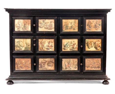 A LATE 17TH CENTURY CONTINENTAL EBONISED WALNUT COLLECTORS TABLE CABINET fitted six moulded reeded edge drawers beneath a pro