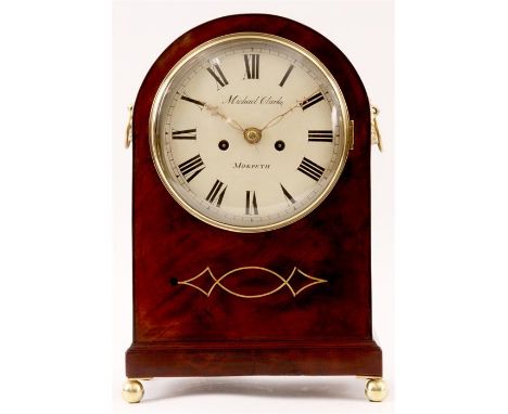 AN EARLY 19th CENTURY FLAMED MAHOGANY EIGHT DAY BRACKET CLOCK the arched top case with ebony edge banding, gilt brass leaf wo