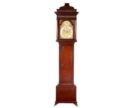 HINDLEY (HENRY) YORKA GEORGE II CUBAN MAHOGANY 8-DAY LONGCASE CLOCK the arched 12" brass dial with fine rococo spandrels, sil