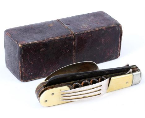 A LATE 19TH CENTURY IVORY HANDLED TRAVELLING EATING SET with folding fork, spoon, knife,and cork screw  stamped S W Silver an