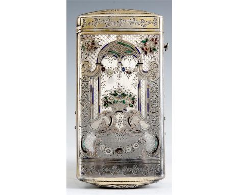 A CONTINENTAL SILVER AND ENAMEL ENGRAVED CIGAR BOX with spring loaded hinged lid, engraved with foliage on engine turned back