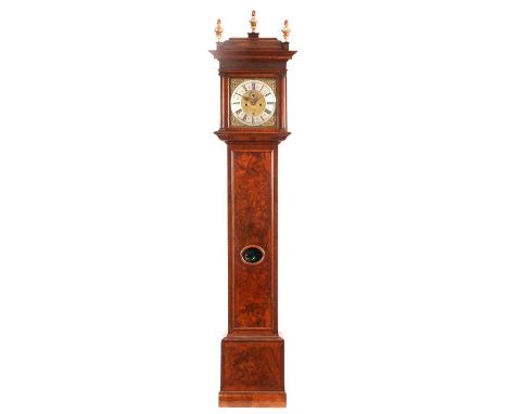 BEN JOHNSON, LONDON AN EARLY 18TH CENTURY AND LATER FIGURED WALNUT LONGCASE CLOCK the caddy top hood with flame shaped gilt f