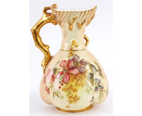 A ROYAL WORCESTER BLUSHED IVORY LOBED BULBOUS AND GILT CORAL HANDLED JUG painted colourful sprays of summer flowers 19cm high