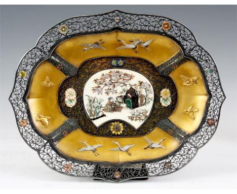 A FINE LATE 19TH CENTURY JAPANESE SHIBIAMA SILVER METAL, ENAMEL AND GOLD LACQUER SHAPED OVAL SHALLOW DISH with flower head se