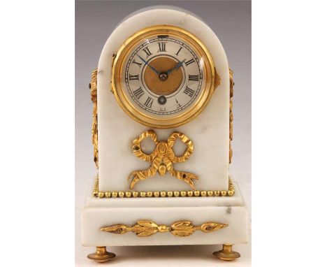 A 19TH CENTURY SMALL ARCH-TOP WHITE MARBLE AND CAST GILT BRASS MOUNTED FRENCH MANTEL CLOCK with stepped base and turned feet,