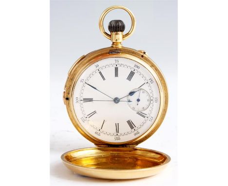 AN 18ct FULL HUNTER MINUTE REPEATING KEYLESS POCKET WATCH with white enamel dial, Roman chapter ring, subsidiary seconds and 