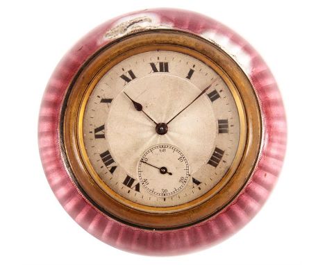 A LATE 19TH CENTURY SWISS PINK ENAMEL ROUND DIAL STRUTT CLOCK with engine turned silvered roman numerals and seconds dial sur