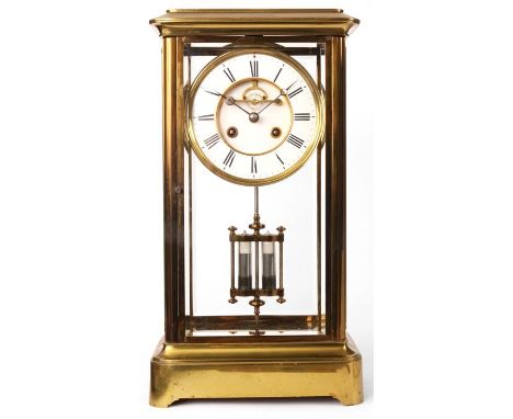 A LATE 19TH CENTURY GIANT FRENCH FOUR-GLASS MANTEL CLOCK the lacquered brass Corniche style case with four thick bevelled gla