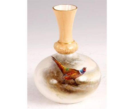 JAMES STINTONA ROYAL WORCESTER SQUAT BULBOUS CABINET VASE with gilt lined leaf moulded tapering neck; painted with a cock phe