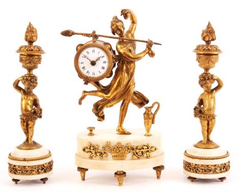 A MID 19TH CENTURY FRENCH ORMOLU AND WHITE MARBLE THREE PIECE CLOCK GARNITURE SET modelled as classical figures carrying a dr