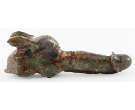 AN EROTIC ORIENTAL CARVED JADE SCULPTURE OF A RABBIT with enlarged phallus and testes 13.5cm overall