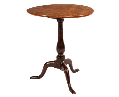 A MID 18TH CENTURY BURR ELM AND OAK TRIPOD TABLE with solid burr Elm hinged top above a bulbous turned stem; standing on thre