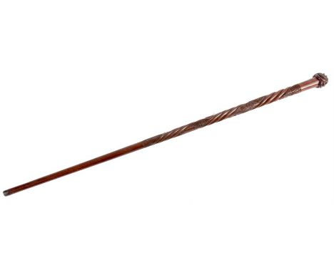 A VICTORIAN CARVED ROSEWOOD ROPE TWIST WALKING STICK the notched pommel with shamrock, acorn and thistle decoration 89cm over