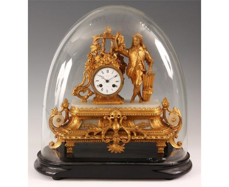 AN ORNATE LATE 19TH CENTURY FRENCH GILT METAL AND WHITE MARBLE MANTEL CLOCK WITH STEPPED EBONISED BASE AND GLASS COVER of scr