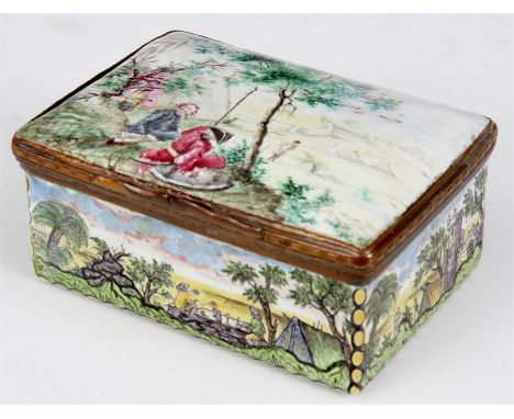 AN LATE 18th/EARLY19th CENTURY RECTANGULAR ENAMEL BOX, PROBABLY FRENCH with bronzed metal mounts; painted all over with figur