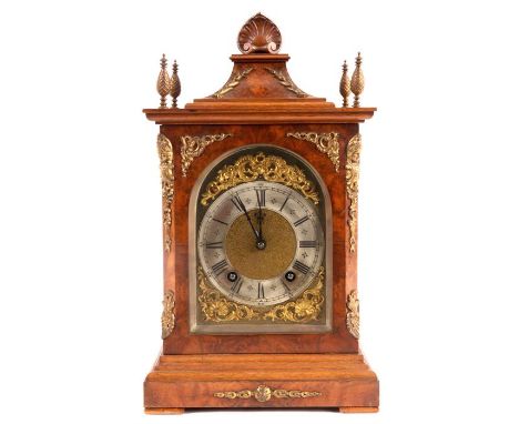 A LATE 19TH CENTURY LENZKIRCH BURR AND FIGURED WALNUT BRACKET CLOCK with cast brass caryatid corners, mounts and corner finia